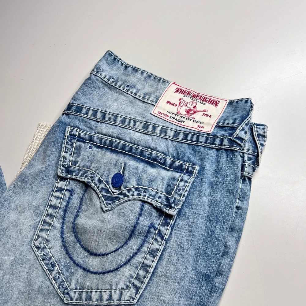 True‎ Religion Straight Leg Jeans Mens 42 Light Wash Blue Contrast Stitch Denim